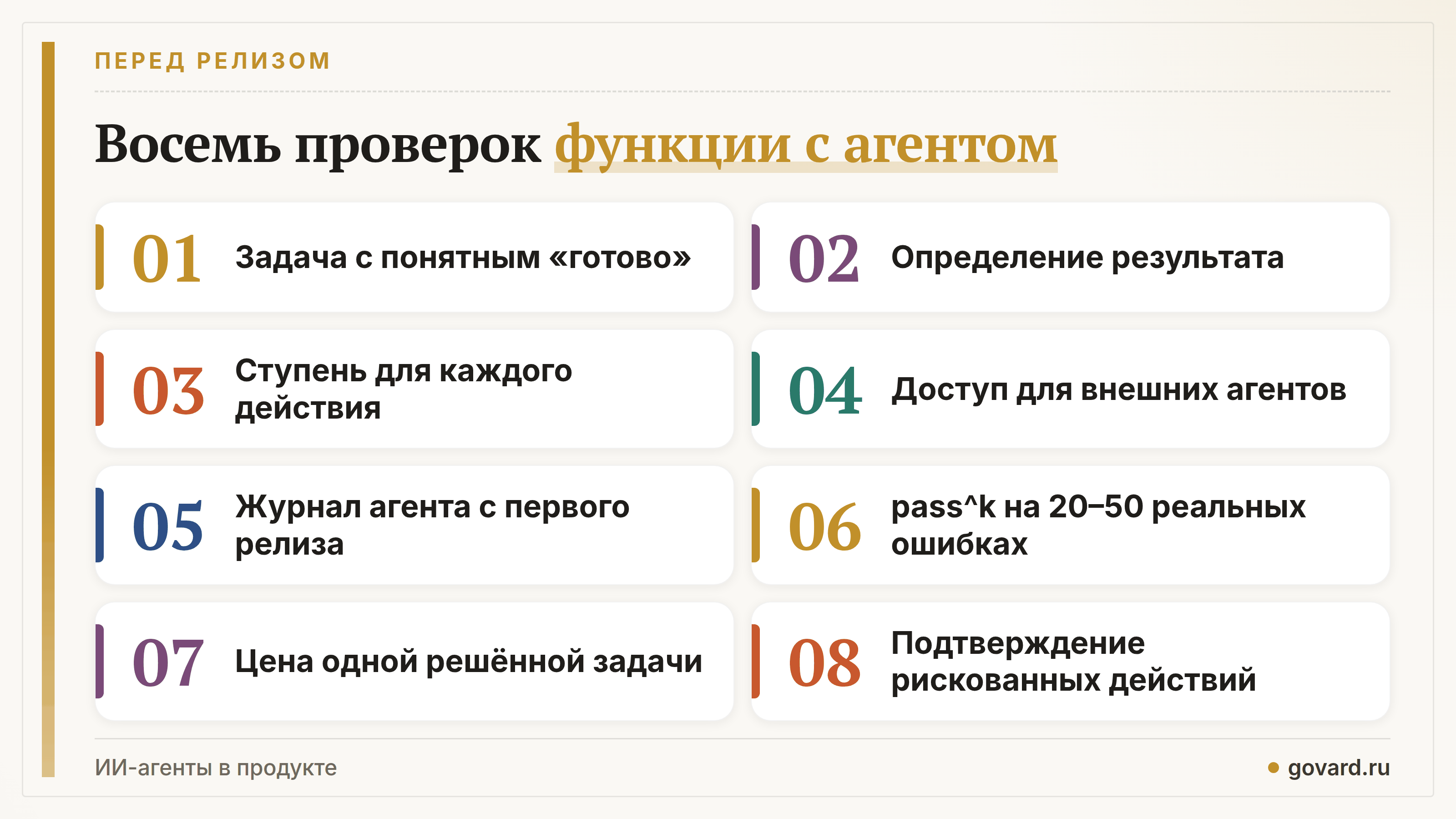 Чек-лист: задача с понятным «готово», определение результата, ступень для действия, доступ для внешних агентов, журнал, pass^k, цена решённой задачи, подтверждение рискованных действий